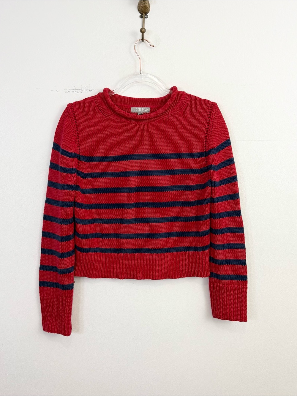 J.Crew Red Navy Stripe Rollneck Cotton Sweater Cropped Knit Size M - Picture 2 of 5
